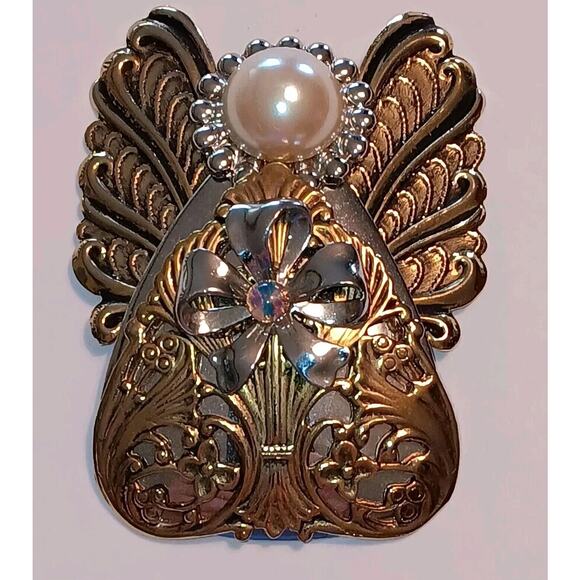 Jane Davis Signed Angel Faux Pearl Rhinestone Brooch Ribbon Mixed Metal - Picture 12 of 12